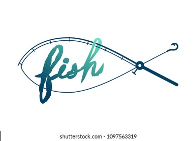 Fish shape made from Fishing rod frame, logo icon set design green and dark blue gradient color illustration isolated on white background with Fish text brush style and copy space