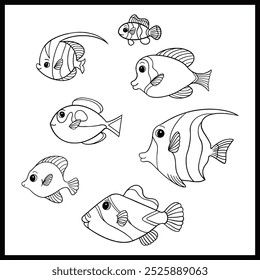 Forma de peixe esboço desenho vetor ícone conjunto gráfico doodle ilustração contorno preto habitats oceânicos