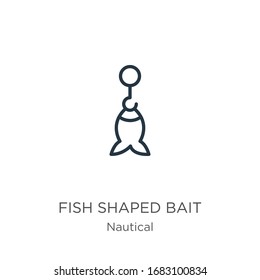 Fish shaped bait icon. Thin linear fish shaped bait outline icon isolated on white background from nautical collection. Line vector sign, symbol for web and mobile