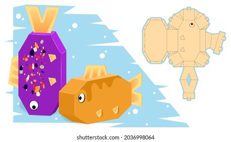 Diseño de caja de regalo con forma de pescado para caramelos. El corte de color cartón se puede abrir y cerrar varias veces. Pinata para artesanías infantiles y vacaciones. Plantilla de corte láser tridimensional. Fondo blanco