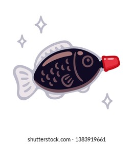 Fish shaped plastic soy sauce bottle. Traditional Japanese bento box condiment for sushi. Isolated vector clip art illustration.