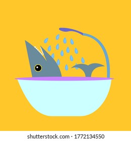 fish with sharp teeth lies in the bathtub. Water drops are falling on it with a shower. Plumbing concept. Object on an orange background. Logo for design