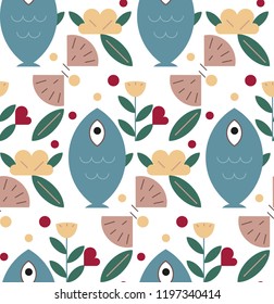 Fish and shell patterns with yellow flowers and leaves