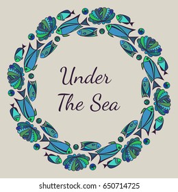 Fish and shell vector illustration. Vintage card.