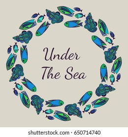 Fish and shell vector illustration. Vintage card.