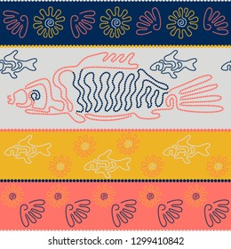 Fish and shells. Point Art. Australian Aboriginal art. Limited color palette. Horizontal stripes. Seamless pattern