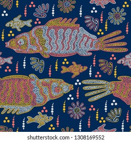 Fish and shells swim in the river. Australian Aboriginal art. Point Art. Seamless pattern. Vector illustration. Dark version