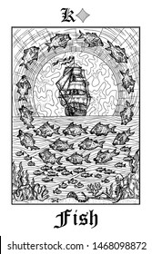 Fish or ship symbol. Tarot card from vector Lenormand Gothic Mysteries oracle deck. Black and white engraved illustration. Fantasy and mystic line art drawing. Gothic, occult and esoteric background