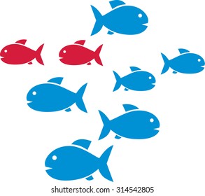 Fish shoal with blue and two red fishes
