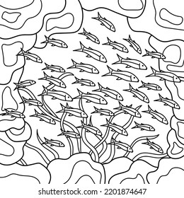 Fish shoal, group of marine fish in the ocean, sea cave, underwater environment . Coloring page for adult. Vector illustration