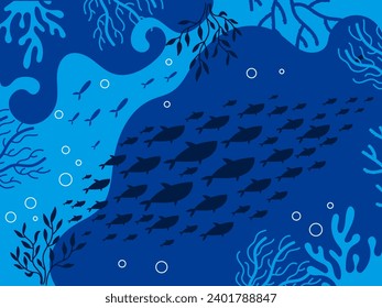 Fish shoal ocean seaweed underwater silhouette concept. Vector flat graphic design illustration