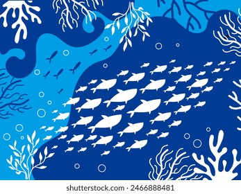 Fish shoal ocean seaweed underwater silhouette concept. Vector flat graphic design illustration