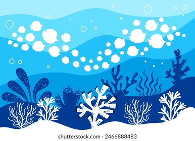 Fish shoal ocean seaweed underwater silhouette concept. Vector flat graphic design illustration