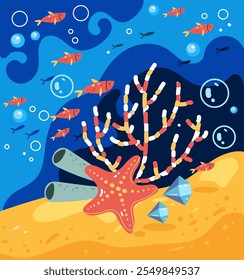 Fish shoal ocean seaweed underwater silhouette concept. Vector flat graphic design illustration