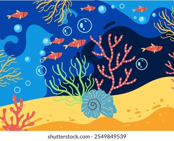 Fish shoal ocean seaweed underwater silhouette concept. Vector flat graphic design illustration