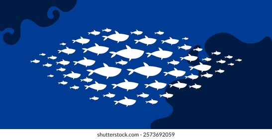 Fish shoal ocean seaweed underwater silhouette concept. Vector flat graphic design illustration