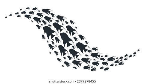 Fish shoal silhouette. Exotic fish shoal, tropical underwater fish swimming group, coral reef fauna flat vector illustration