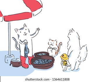 A fish shop owner cat and a mother cat and a kitten who came to buy fish. hand drawn style vector design illustrations. 