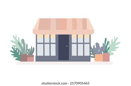 Fish shop with potted plants outside flat vector illustration with pastel colors ,Front view of seafood store