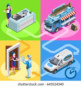 Fish Shop Take Away Food Truck And White Car Or Van For Fast Home Delivery Vector Infographic. Isometric People Delivery Man Processing Online Order At The Client Customer Door
