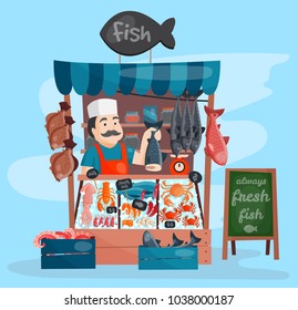 Fish Shop Vector Kiosk Street Retro Shop Store Market With Freshness Seafood In Fridge Traditional Asian Meal And Fisherman Dealer Business Person Meat Seller Illustration