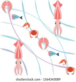 Fish, shrimp, crab, squid. Vector seafood. Food and restaurant design.