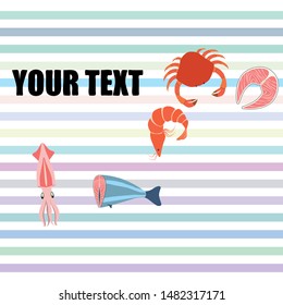 Fish, shrimp, crab, squid.Vector seafood. Food and restaurant design.