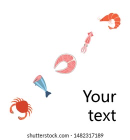 Fish, shrimp, crab, squid.Vector seafood. Food and restaurant design.