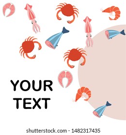 Fish, shrimp, crab, squid.Vector seafood. Food and restaurant design.
