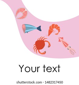 Fish, shrimp, crab, squid.Vector seafood. Food and restaurant design.