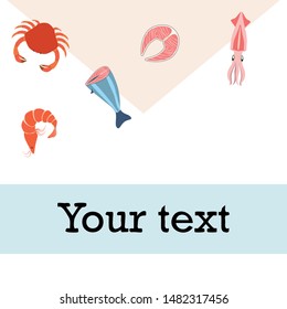 Fish, shrimp, crab, squid.Vector seafood. Food and restaurant design.