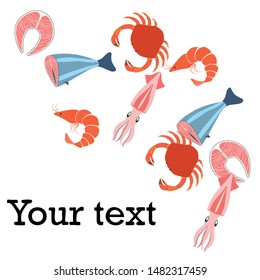 Fish, shrimp, crab, squid.Vector seafood. Food and restaurant design.