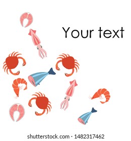 Fish, shrimp, crab, squid.Vector seafood. Food and restaurant design.
