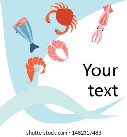 Fish, shrimp, crab, squid.Vector seafood. Food and restaurant design.