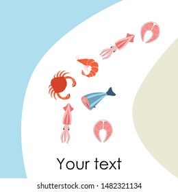 Fish, shrimp, crab, squid.Vector seafood. Food and restaurant design.