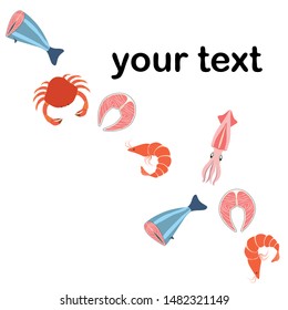 Fish, shrimp, crab, squid.Vector seafood. Food and restaurant design.