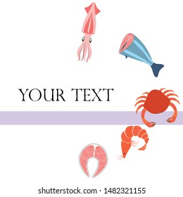 Fish, shrimp, crab, squid.Vector seafood. Food and restaurant design.