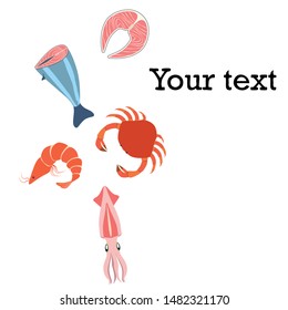 Fish, shrimp, crab, squid.Vector seafood. Food and restaurant design.