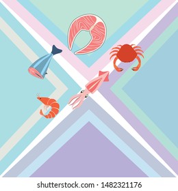 Fish, shrimp, crab, squid.Vector seafood. Food and restaurant design.