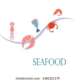 Fish, shrimp, crab, squid.Vector seafood. Food and restaurant design.