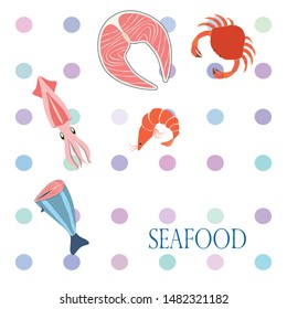 Fish, shrimp, crab, squid.Vector seafood. Food and restaurant design.