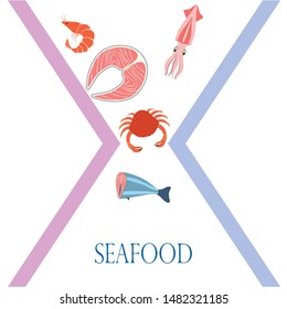 Fish, shrimp, crab, squid.Vector seafood. Food and restaurant design.