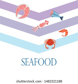 Fish, shrimp, crab, squid.Vector seafood. Food and restaurant design.