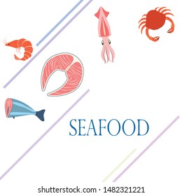 Fish, shrimp, crab, squid.Vector seafood. Food and restaurant design.