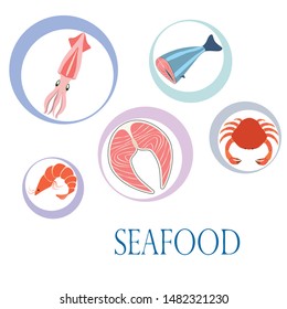 Fish, shrimp, crab, squid.Vector seafood. Food and restaurant design.