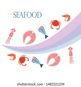 Fish, shrimp, crab, squid.Vector seafood. Food and restaurant design.