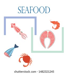 Fish, shrimp, crab, squid.Vector seafood. Food and restaurant design.