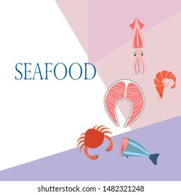 Fish, shrimp, crab, squid.Vector seafood. Food and restaurant design.