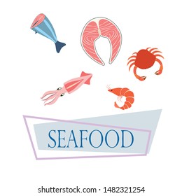 Fish, shrimp, crab, squid.Vector seafood. Food and restaurant design.