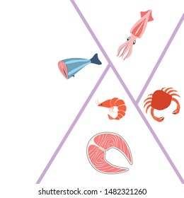 Fish, shrimp, crab, squid.Vector seafood. Food and restaurant design.